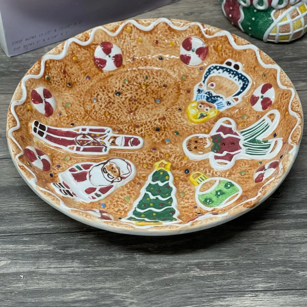 🎄Cardinal Gingerbread Chip & Dip Set Handpainted Ceramic Holiday Christmas Bowl